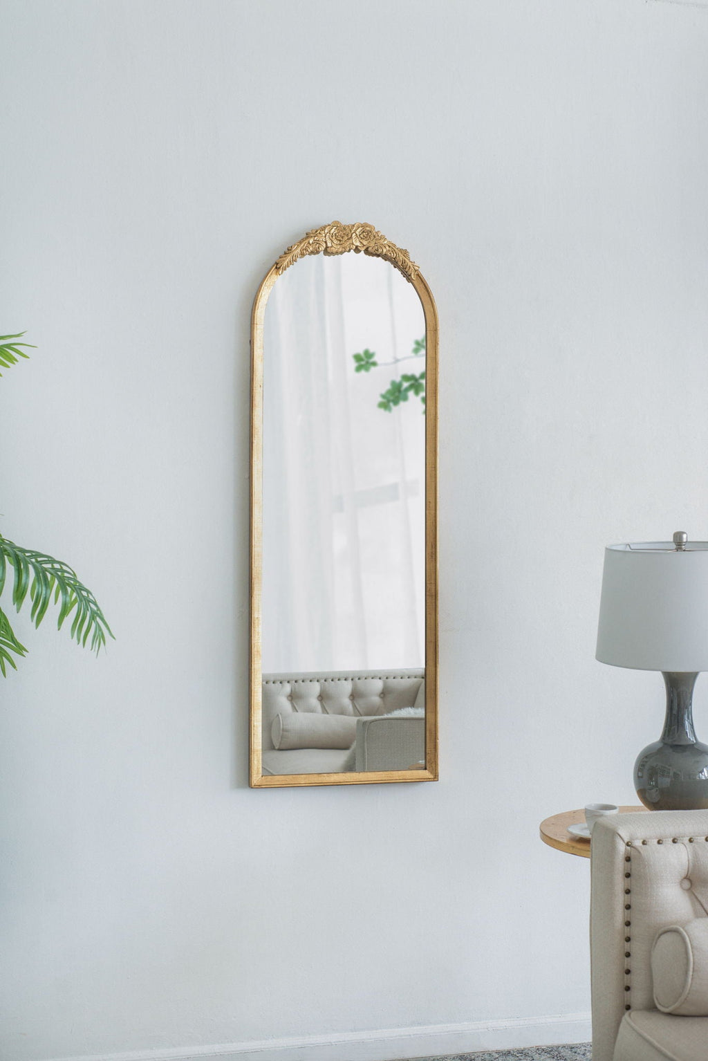 Gold Arched Floor Mirror with Wood Frame - Full Body