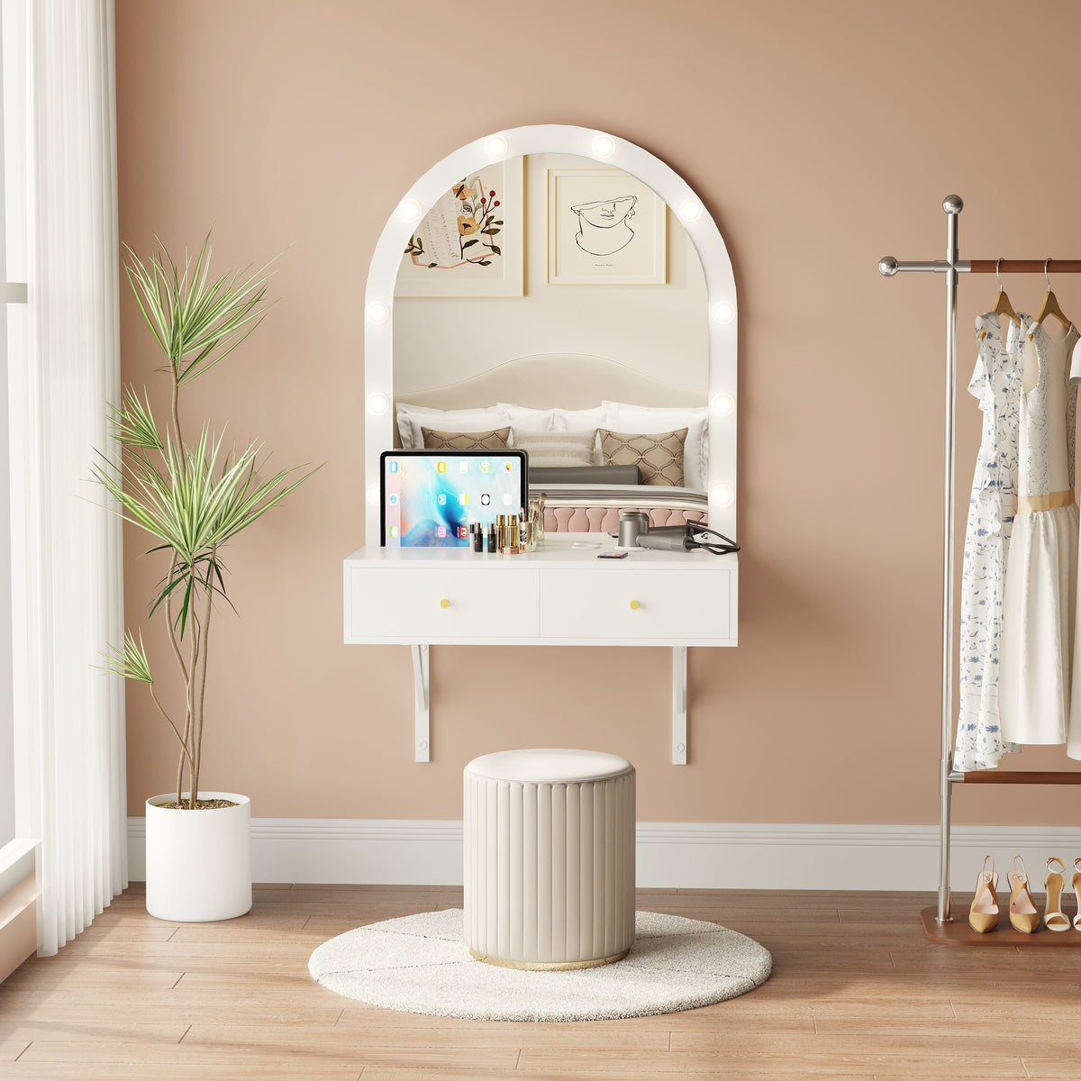 Floating Makeup Vanity Desk with 3-Color LED Mirror – Engineered Wood