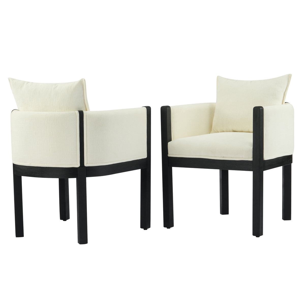 Linen Upholstered Armchair with Black Rubber Wood Legs - White