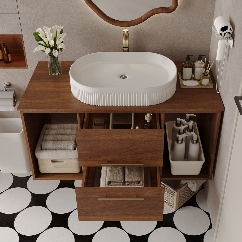 Wall-Mounted Bathroom Vanity with Ceramic Sink - Solid Wood, Floating Design