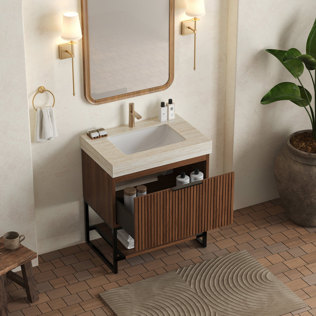 YOLAN 30" Bathroom Vanity with Sintered Stone Sink Top - Walnut