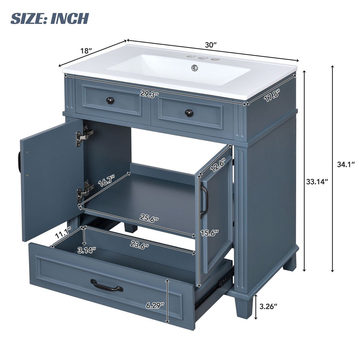 Bathroom Vanity with Sink and Storage Cabinet - White, Blue, or Dark Green