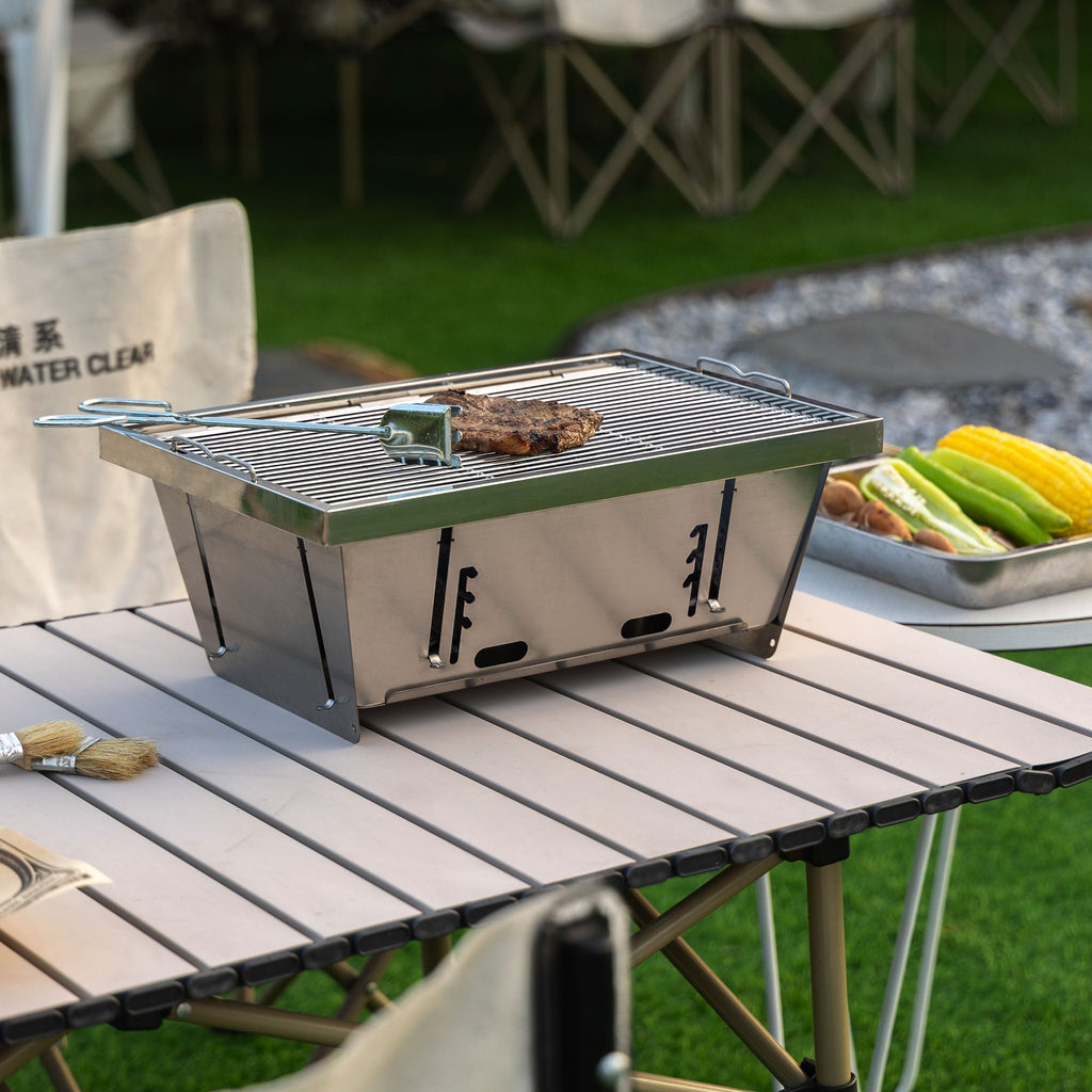 Folded Portable Charcoal BBQ Grill with Foldable Design - Stainless Steel