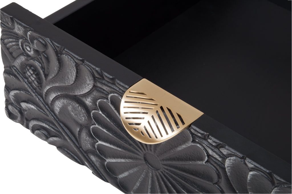 Hand-Carved Accent Cabinet with Intricate Floral Embossing - Black/Floral