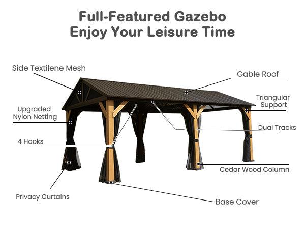 Cedar Wood Gazebo with Spacious Interior - Natural Cedar Finish
