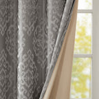 Charcoal Knitted Jacquard Damask Blackout Curtain Panel with Silver Grommets
