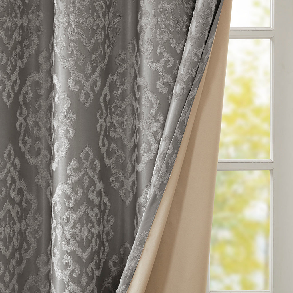 Charcoal Knitted Jacquard Damask Blackout Curtain Panel with Silver Grommets