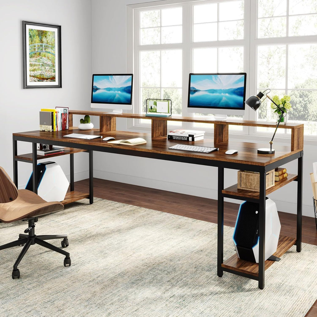 2 Person Desk with Monitor Stand and Dual Storage - Brown / Black