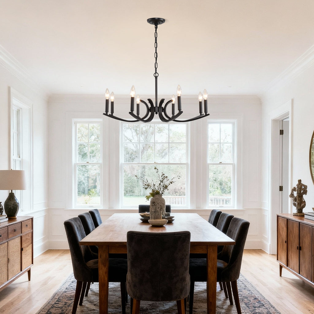 8-Light Farmhouse Chandelier with Adjustable Height - Black Metal