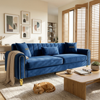 Upholstered 3-Seater Sofa with Metal Legs and Throw Pillows - 87.4 Inches