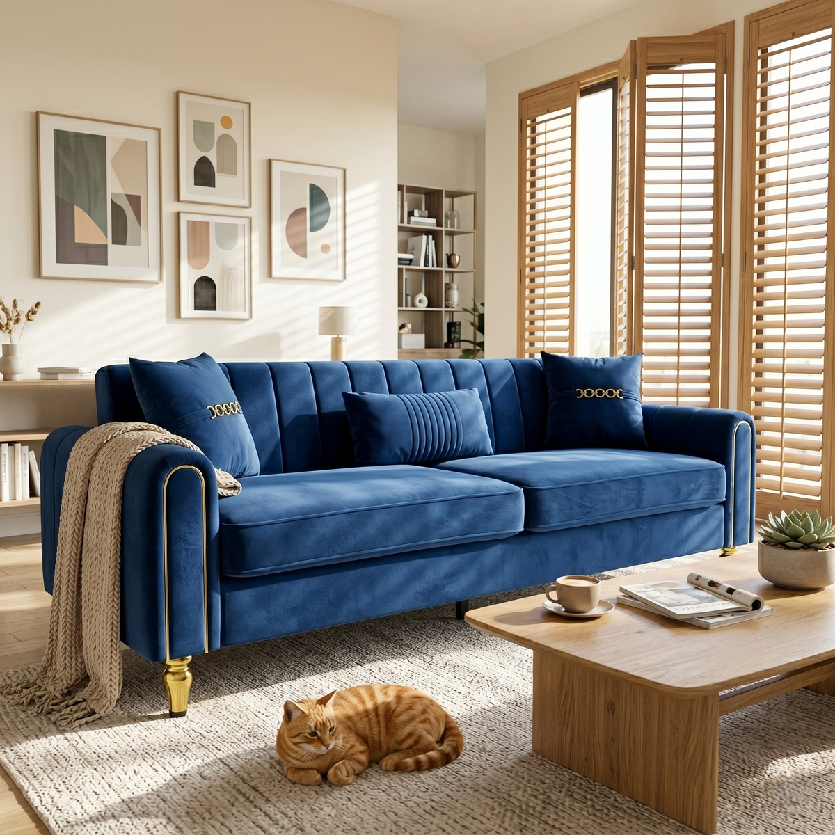 Upholstered 3-Seater Sofa with Metal Legs and Throw Pillows - 87.4 Inches