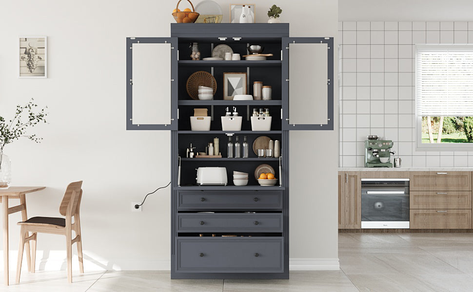 Freestanding Kitchen Pantry Cabinet with Power Outlet – Grey or White