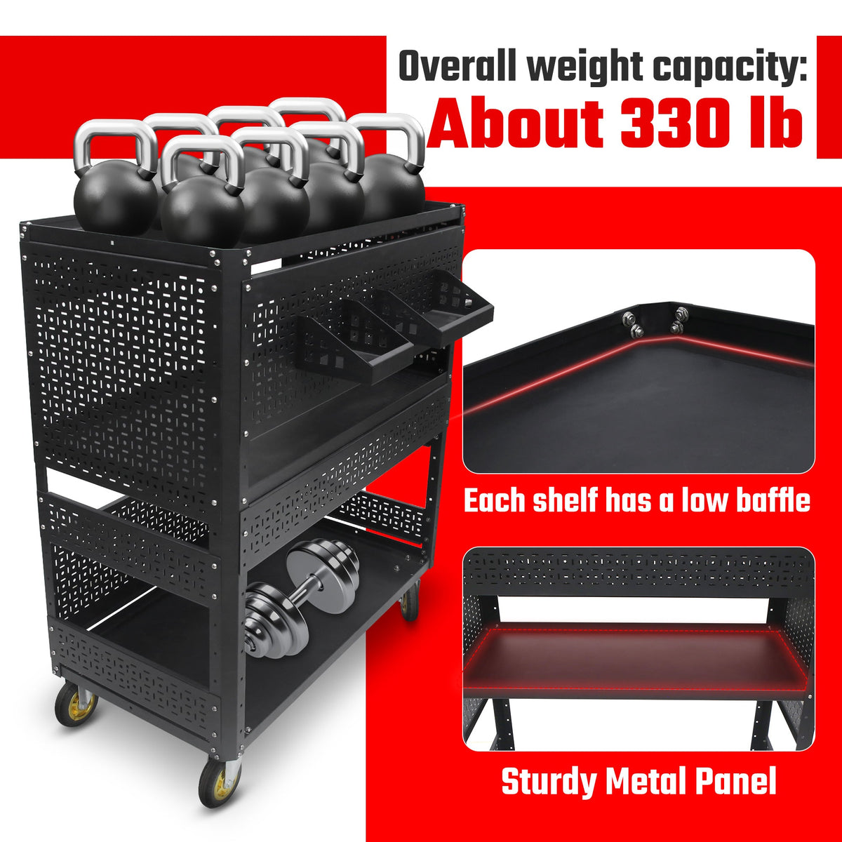 3-Tier DIY Detachable Utility Cart with Steel Pegboard and Wheels