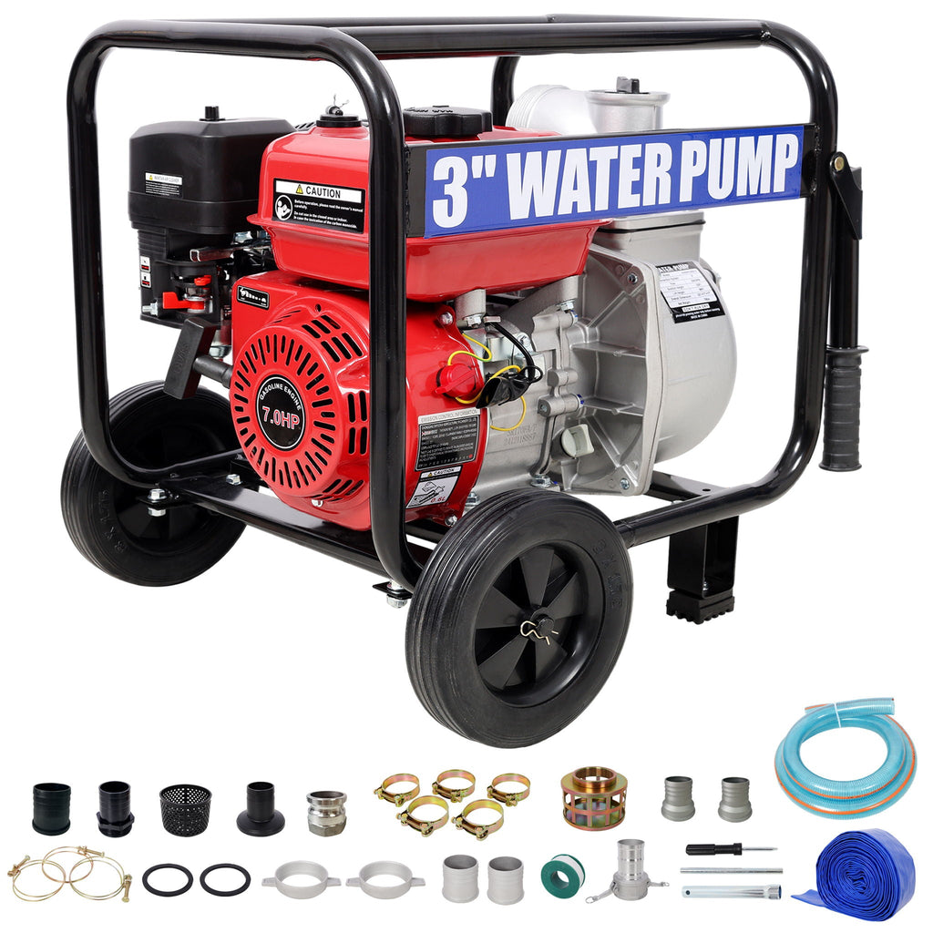 Gas Engine Powered Water Pump with Wheels and Handle – Black/Red