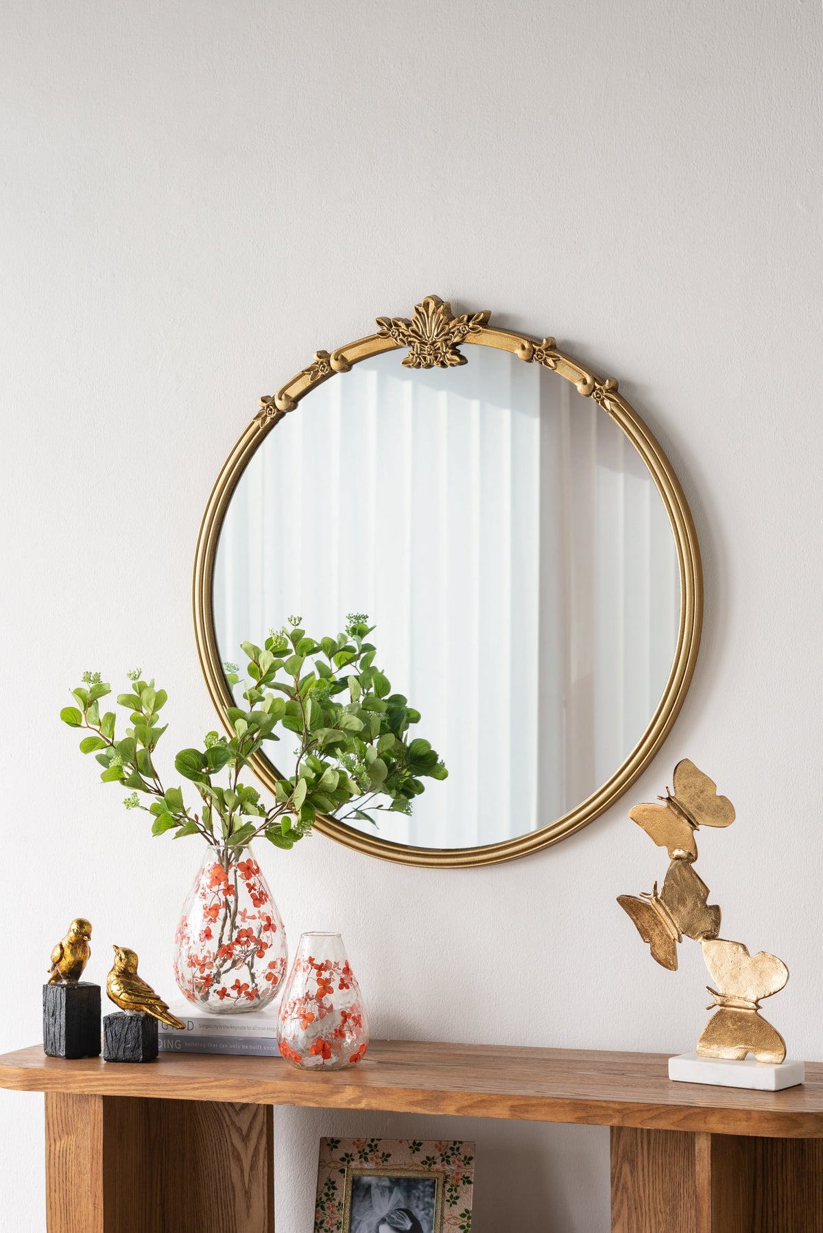 Round Wall Mirror with Decorative Leaf Crest - Gold
