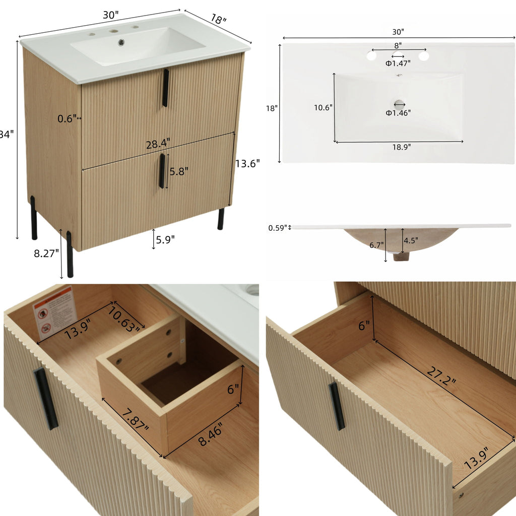 Bathroom Vanity With Ceramic Sink and Fluted Design - Dark Green, White, Light Brown