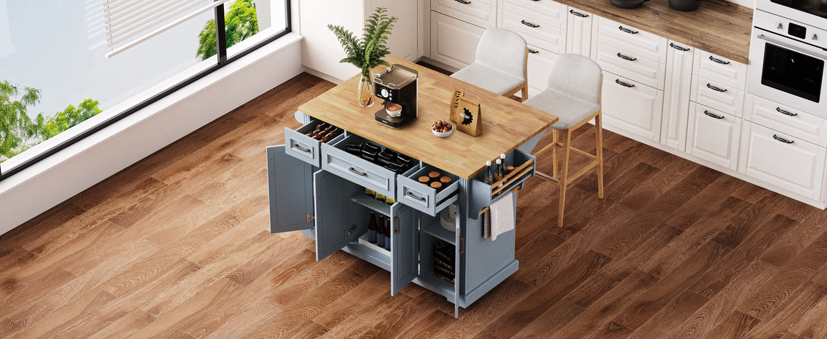 54" Large Kitchen Island with Rubber Wood Drop Leaf and Storage - Brown
