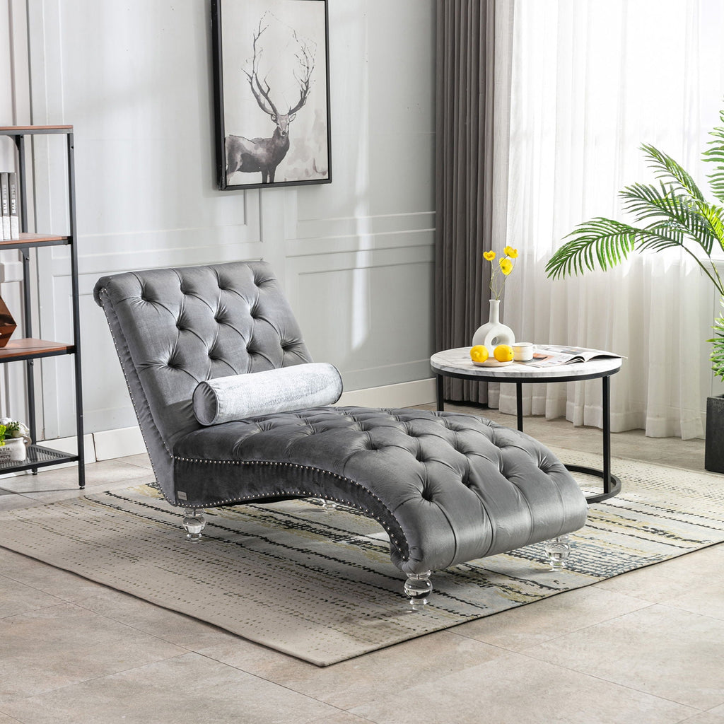 Velvet Button Tufted Chaise Lounge with Pillow - Multiple Colors