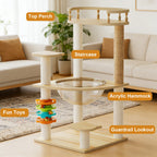 Modern Cat Tower with Scratching Posts and Acrylic Hammock - Natural+White