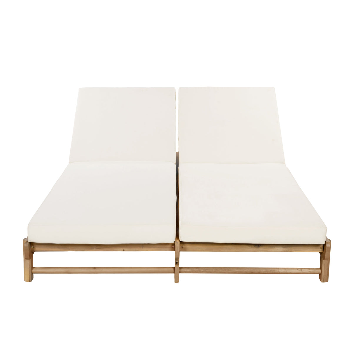 Light Teak Acacia Wood Double Chaise Lounger Set with Adjustable Backrests - Cream