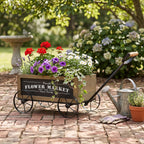 Rustic Wooden Wagon Planter with Metal Wheels - Brown Black