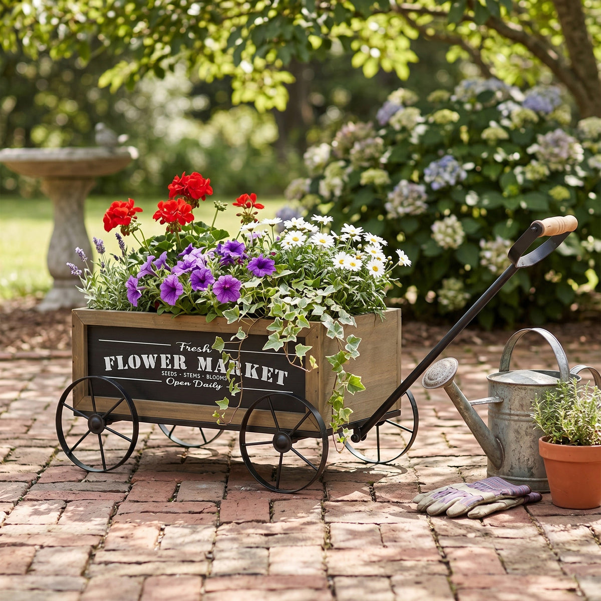 Rustic Wooden Wagon Planter with Metal Wheels - Brown Black
