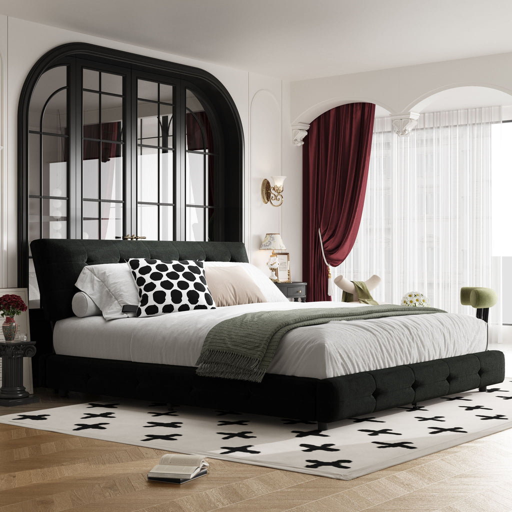 Tufted Headboard Upholstered Bed with Ultra-Soft Cloud Pillow Design - White or Black
