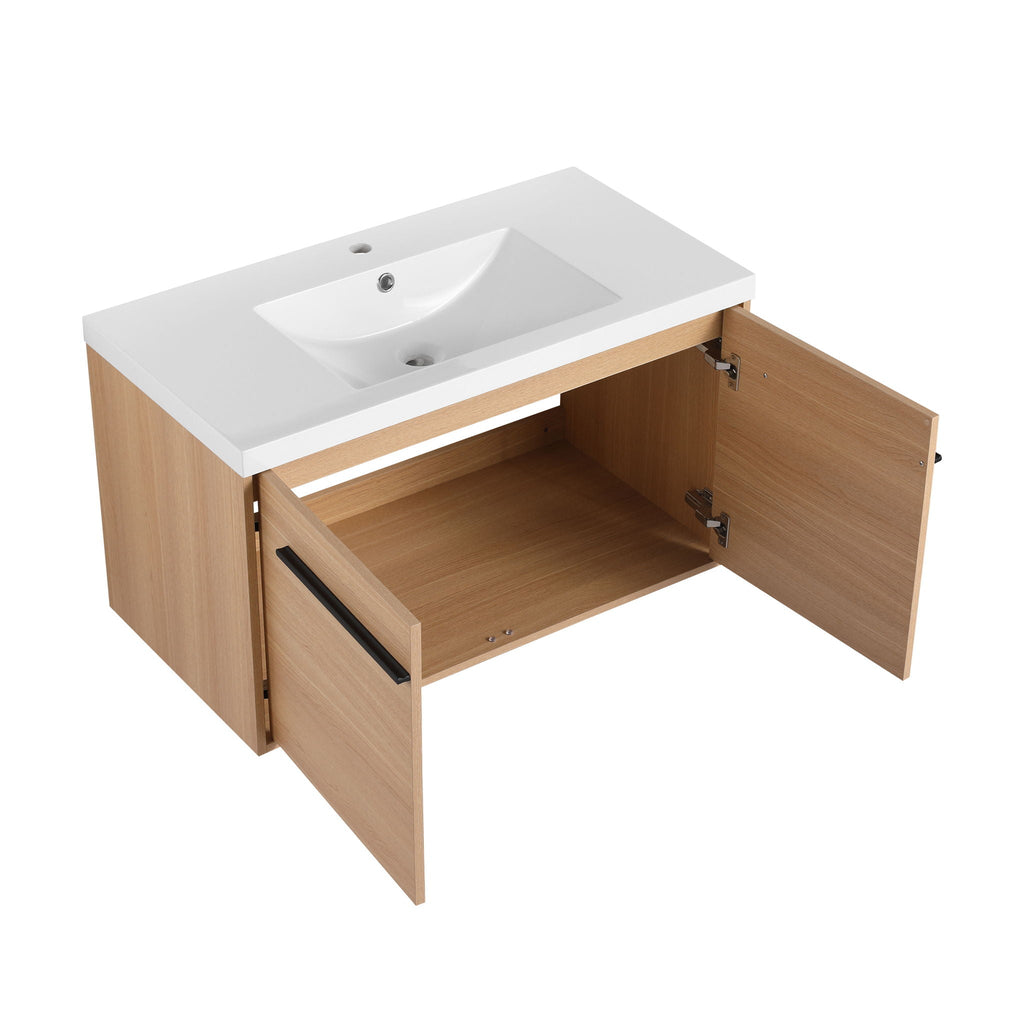 Bathroom Vanity Set with Resin Countertop Sink and 2 Doors - Light Brown Oak