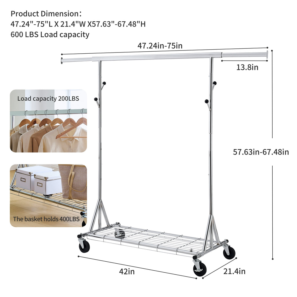 Heavy Duty Rolling Clothes Rack with 600 lbs Capacity - Iron