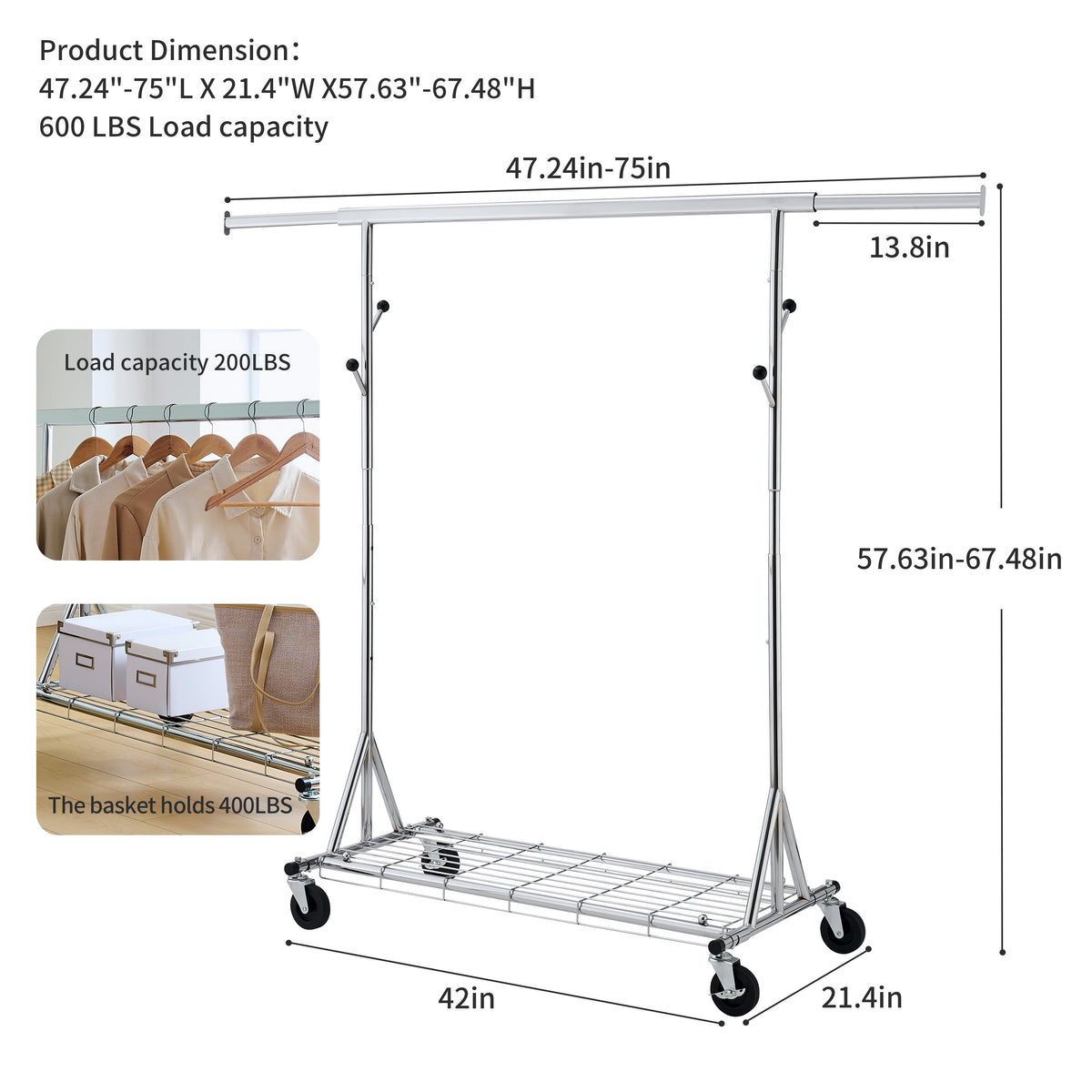 Heavy Duty Rolling Clothes Rack with 600 lbs Capacity - Iron