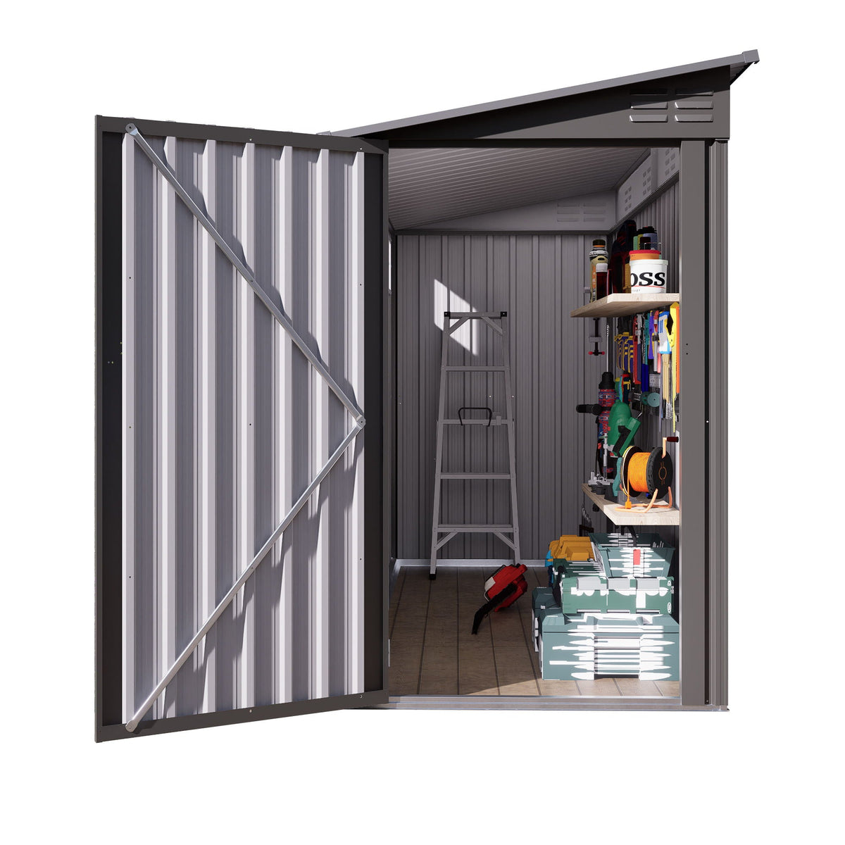Lean-To Storage Shed with Windows and Sloping Roof - Gray
