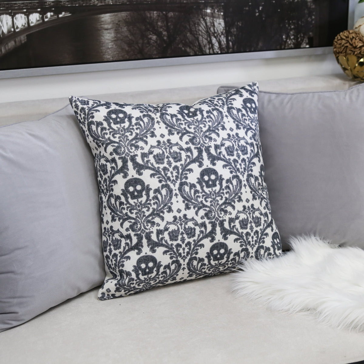 Baroque Skull Damask Accent Pillow with Removable Cover - Black & White