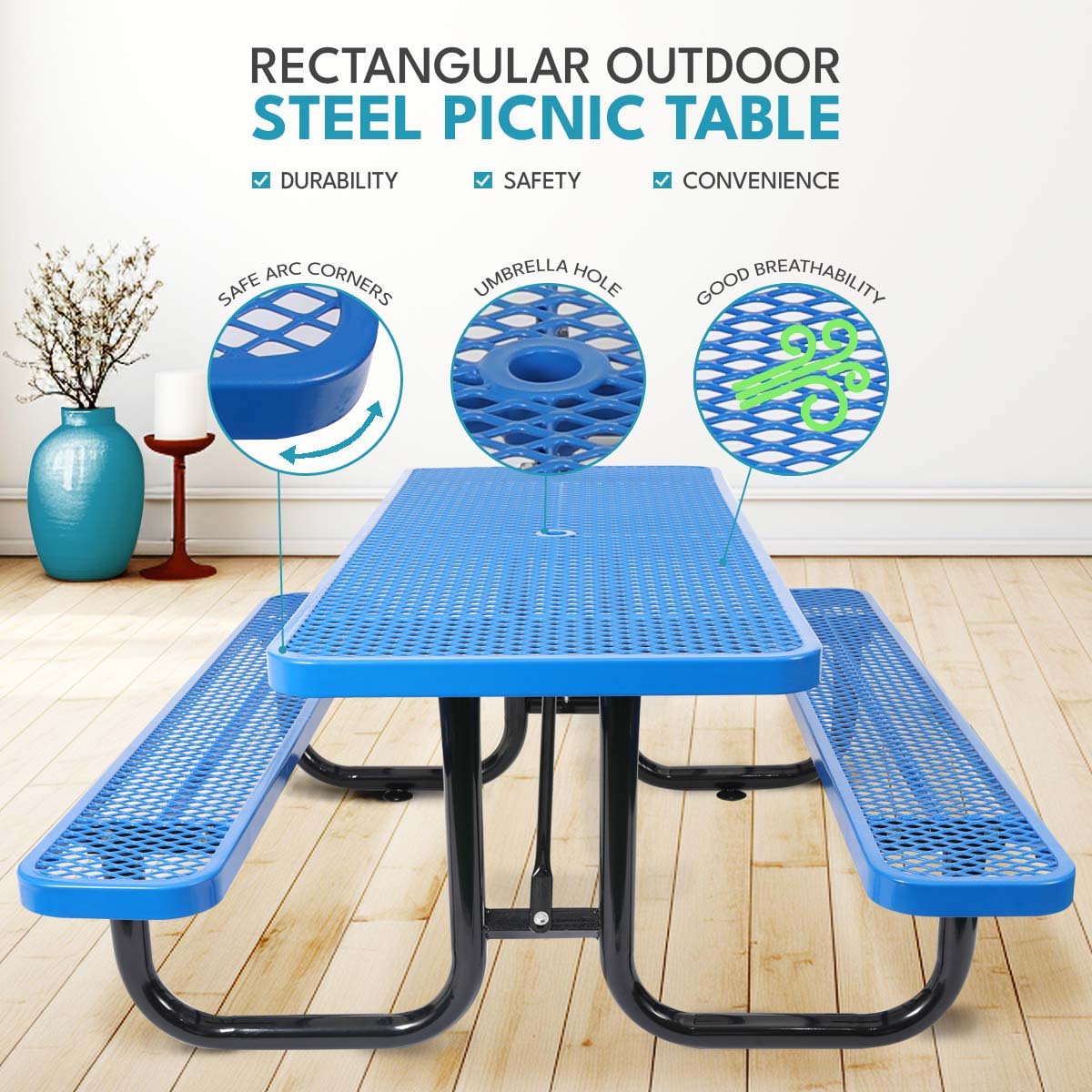 Outdoor Steel Picnic Rectangular Table with Umbrella Pole - Black, Blue, or Dark Green