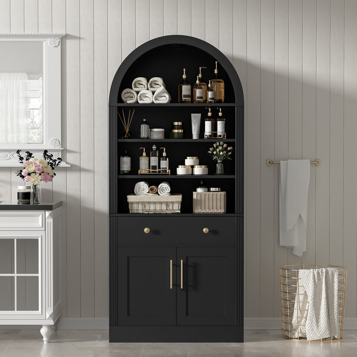 Arched Bookshelf with Storage Cabinet with Modern Curved Top - MDF