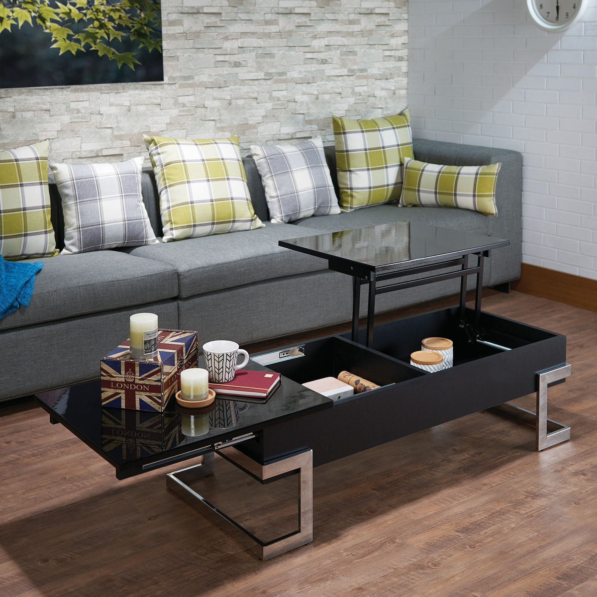 High Gloss Coffee Table with Lift Top and Hidden Storage - Black or White