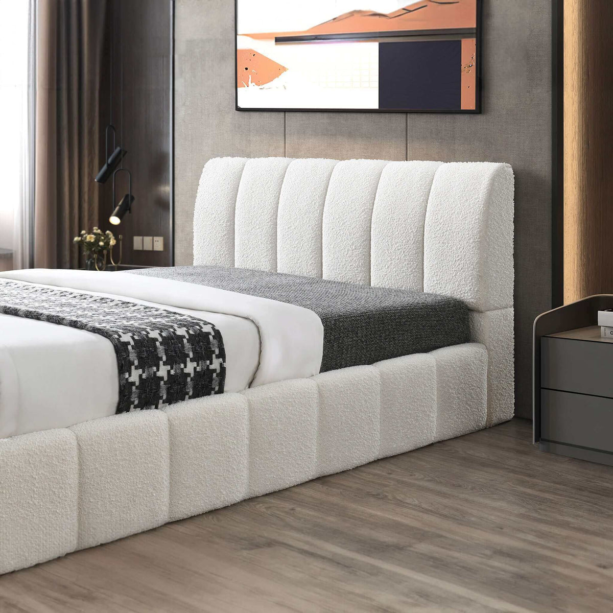 White Upholstered Platform Bed with Hydraulic Storage