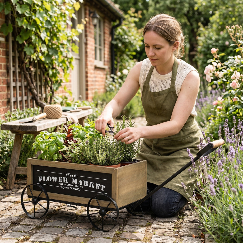 Rustic Wooden Wagon Planter with Metal Wheels - Brown Black