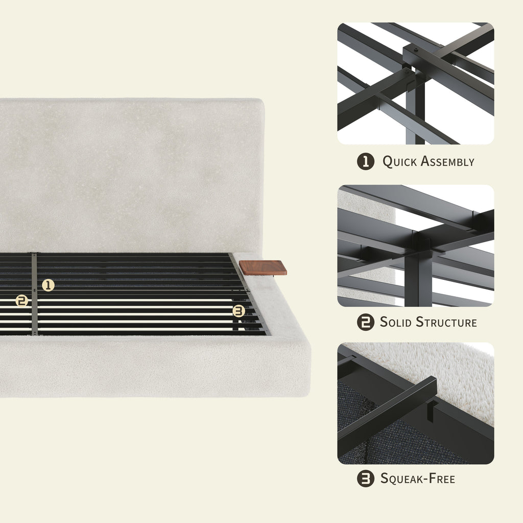 Off-White King Bed Frame with Adjustable Sliding Side Table and Cloud Cushion