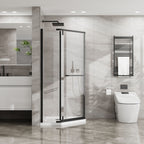 Neo Angle Frameless Shower Door with White Acrylic Shower Base - Matte Black