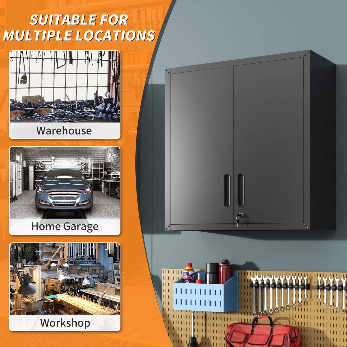 Metal Wall Mounted Tool Storage Cabinet with 2 Locking Doors and Adjustable Shelf - Gray or Black