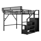 Queen Size Loft Bed with Stairs and Storage Shelves - Black