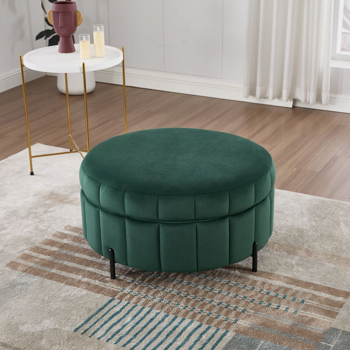 Upholstered Storage Ottoman with Reversible Lid - Channel Tufted Pumpkin Shape