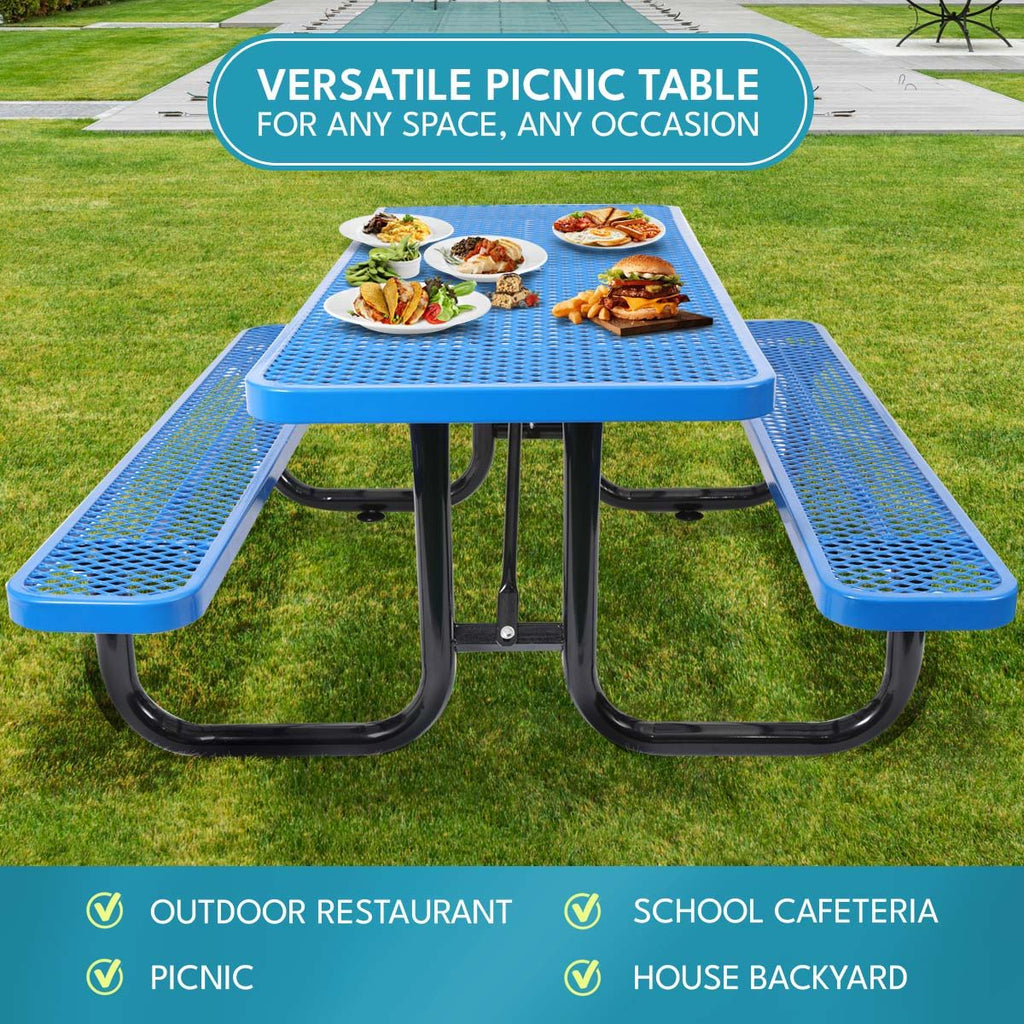 Outdoor Steel Picnic Rectangular Table with Umbrella Pole - Black, Blue, or Dark Green