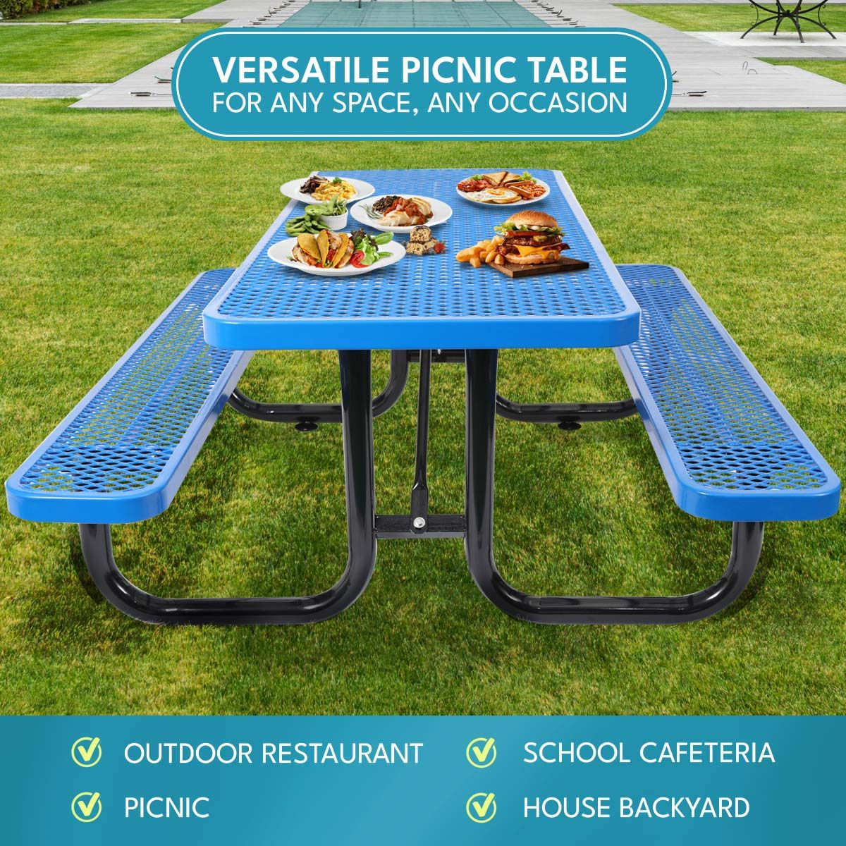 Outdoor Steel Picnic Rectangular Table with Umbrella Pole - Black, Blue, or Dark Green