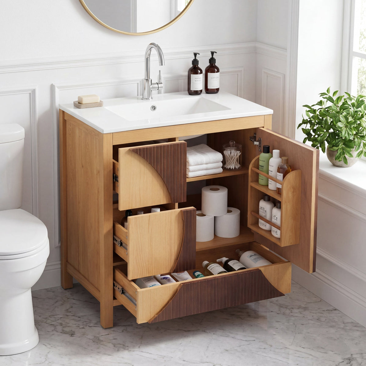 30 Inch Mid-Century Modern Bathroom Vanity with Ceramic Sink - Wood