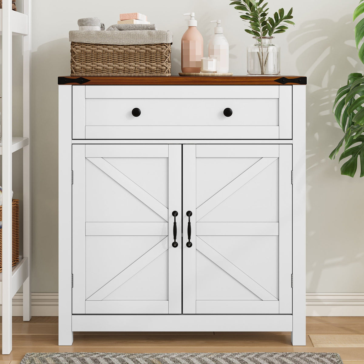 Farmhouse Storage Cabinet with Drawer and Adjustable Shelf - White or Black