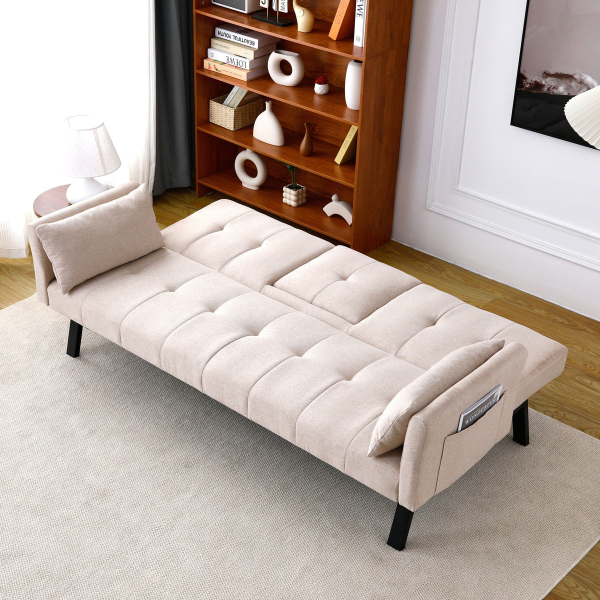 Foldable Sofa Bed with Cup Holder and Solid Wood Frame - Multiple Colors