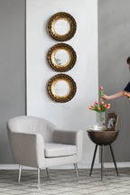 Round Wall Mirror with Metal Frame and Layered Flower Design - Gold