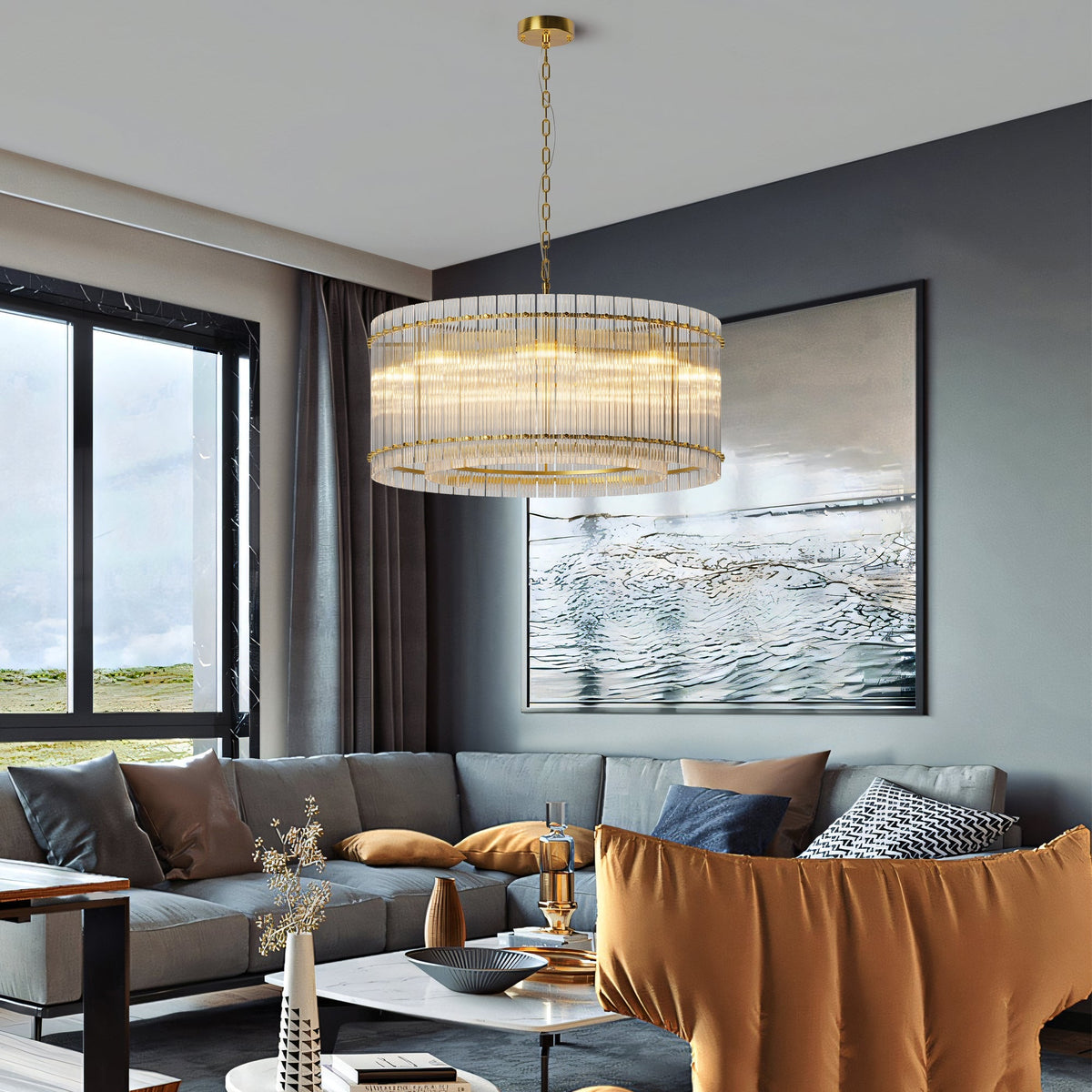 37" Modern Gold Round 8-Light Crystal Chandelier with 2-Tier Crystal Glass - Gold