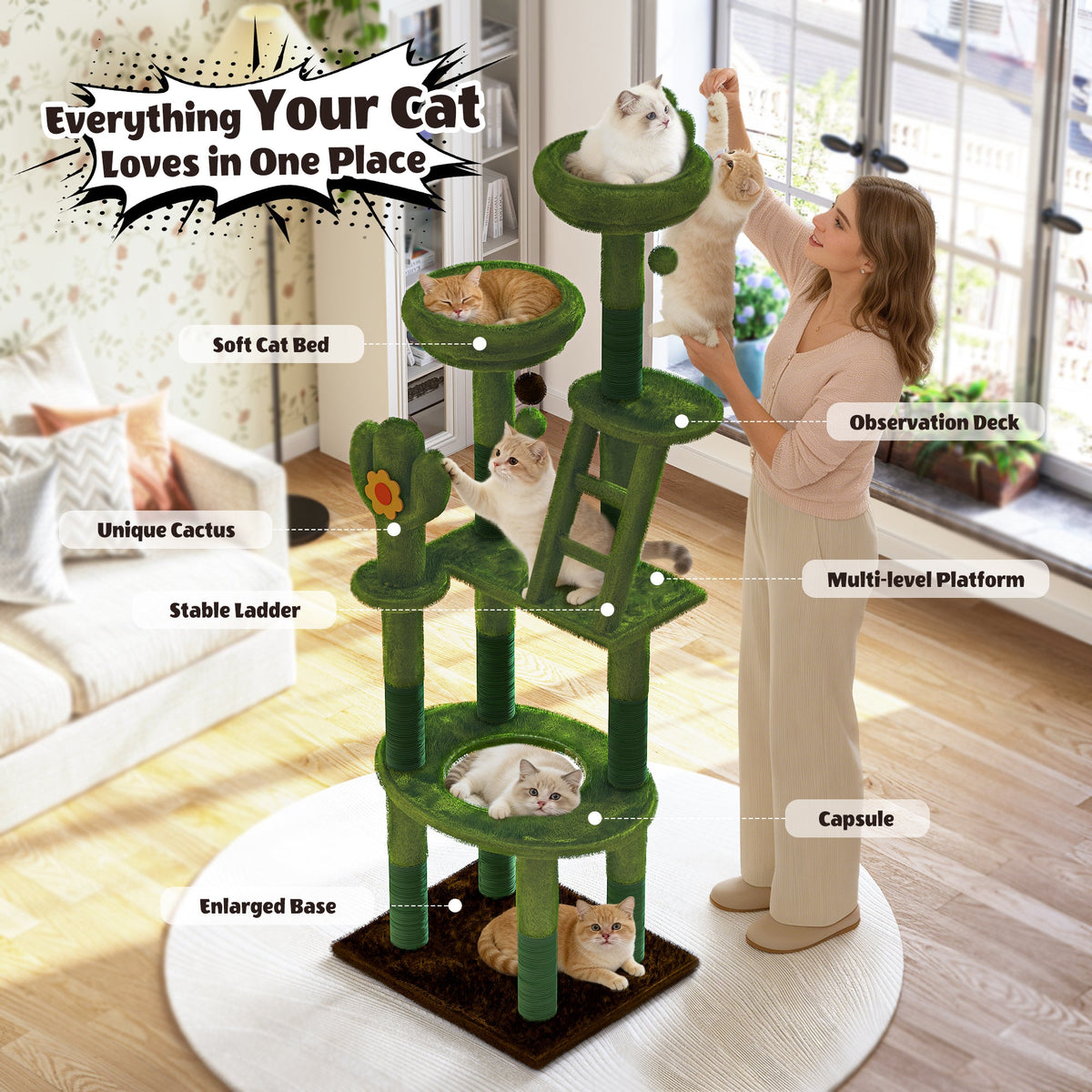 72in Cactus Cat Tree Tower with Transparent Capsule - Green